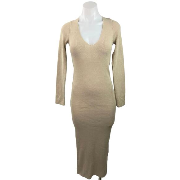 PrettyLittleThing Beige Knit Long Sleeve V-Neck Midi Sweater Bodycon Dress 12 - Picture 1 of 5